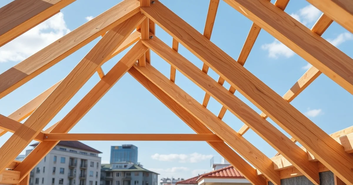 Közeli, fotórealisztikus kép egy új fa tetőszerkezetről budapesti építkezésen, precíz ácsmunkával, városi háttérrel.