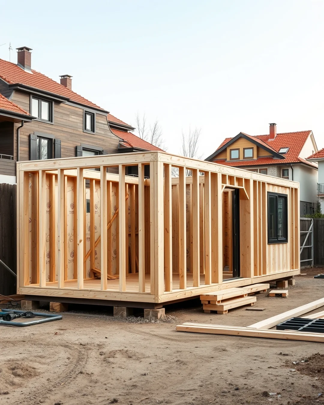 Közelkép egy modern, moduláris faház építéséről Szegeden, fa szerkezettel és előregyártott falpanelek összeszerelésével.